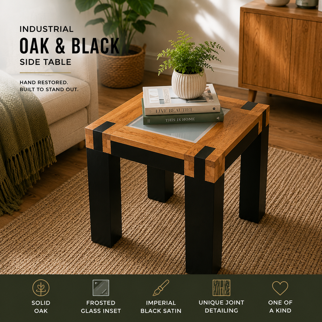 Industrial Oak & Black Side Table | Handmade Upcycled Furniture | Glass Inlay Top