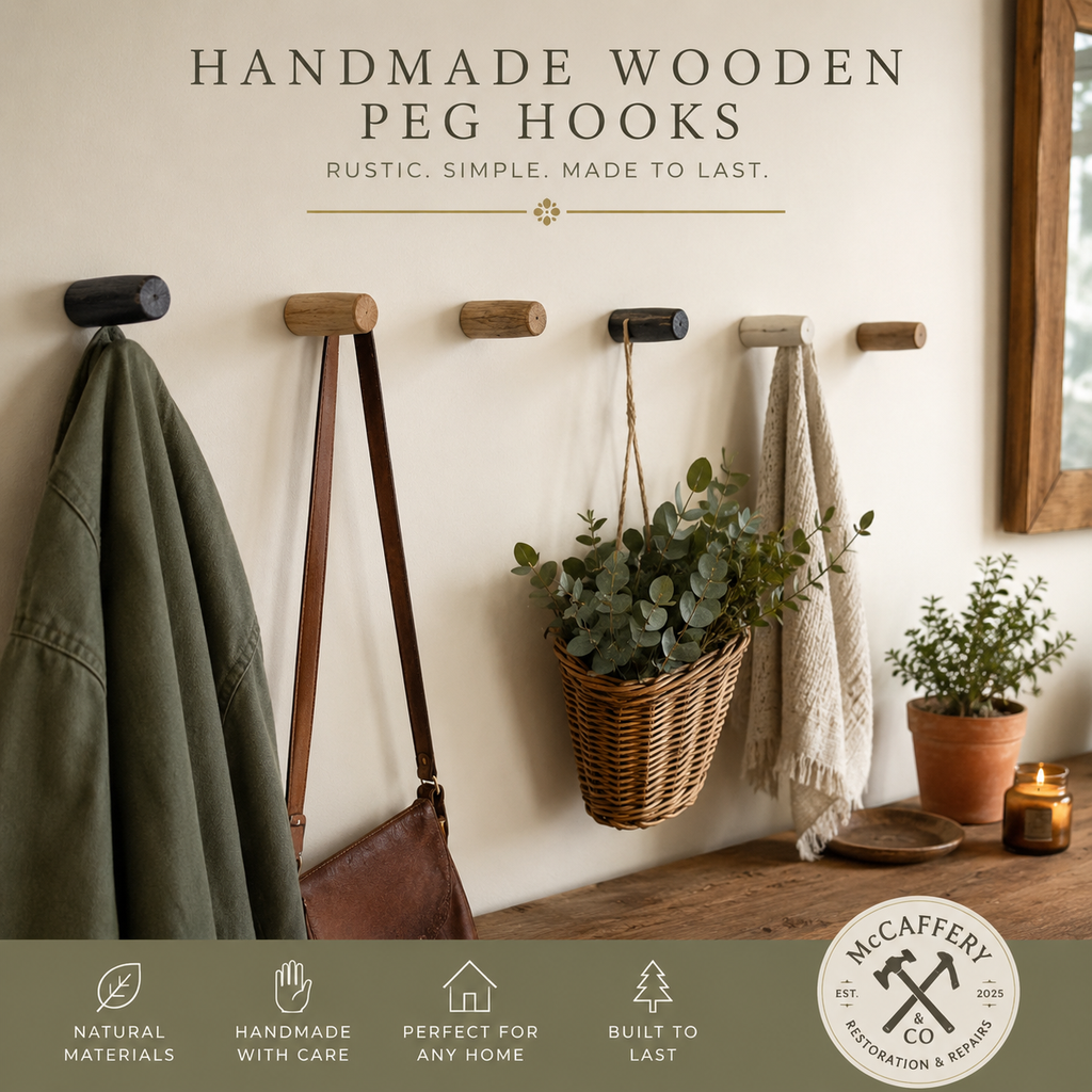 Handmade Rustic Wooden Peg Coat Hooks, Natural Wood Towel Hooks, Choice of Finish